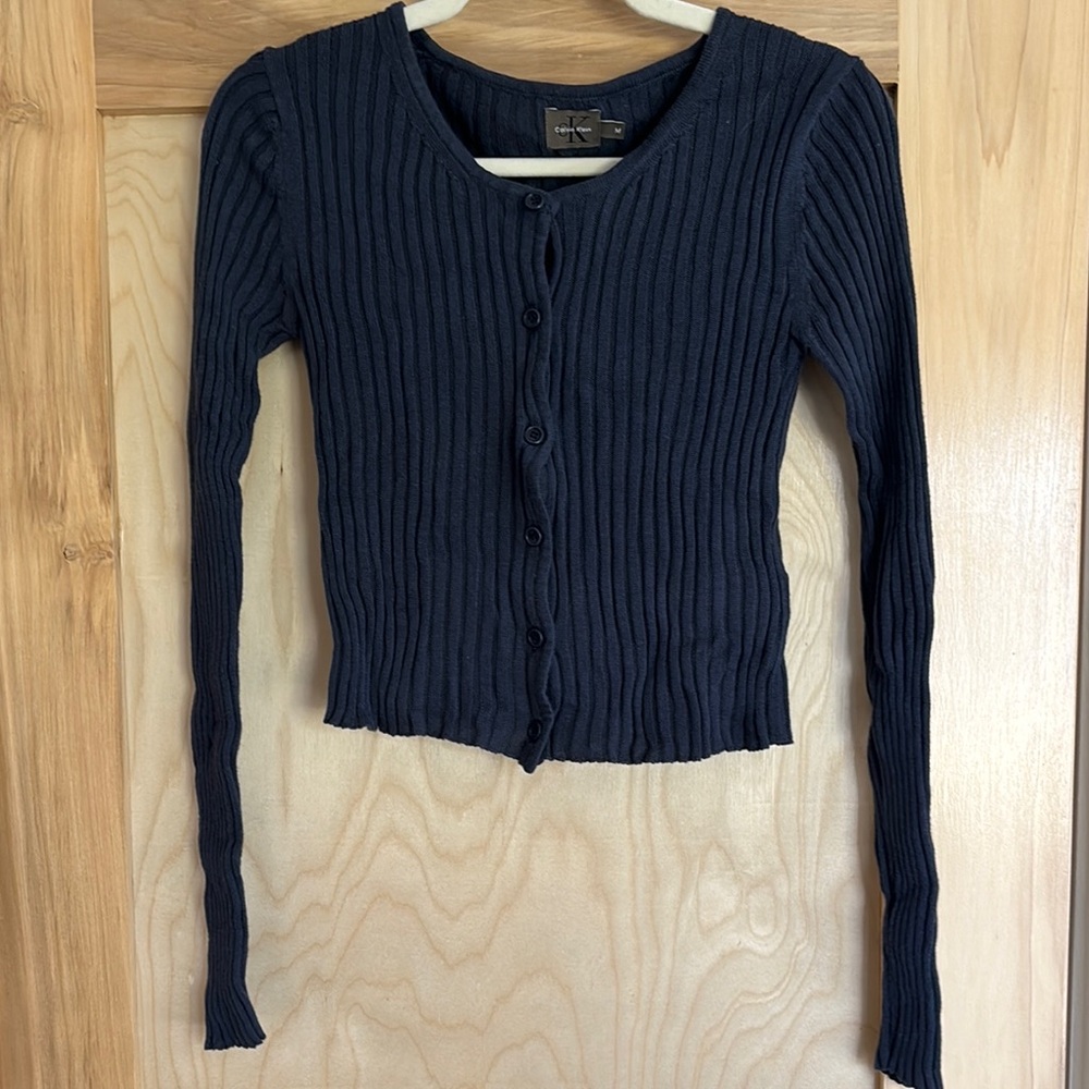 Navy Ribbed Button-Up Cardigan